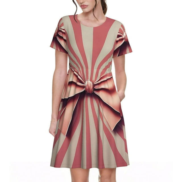 Vsdgher Robe Rétro à Nœud pour Femmes Été 2025 Décontractée Midi Maxi Légère à Manches Courtes Col Rond Robe de Plage