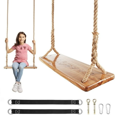 Wooden Tree Swing, 250lb Heavy-duty Wooden Swing with Adjustable Hemp Rope, Waterproof Hanging Swing Seat for Indoor, Outdoor, Backyard, Garden, Playground