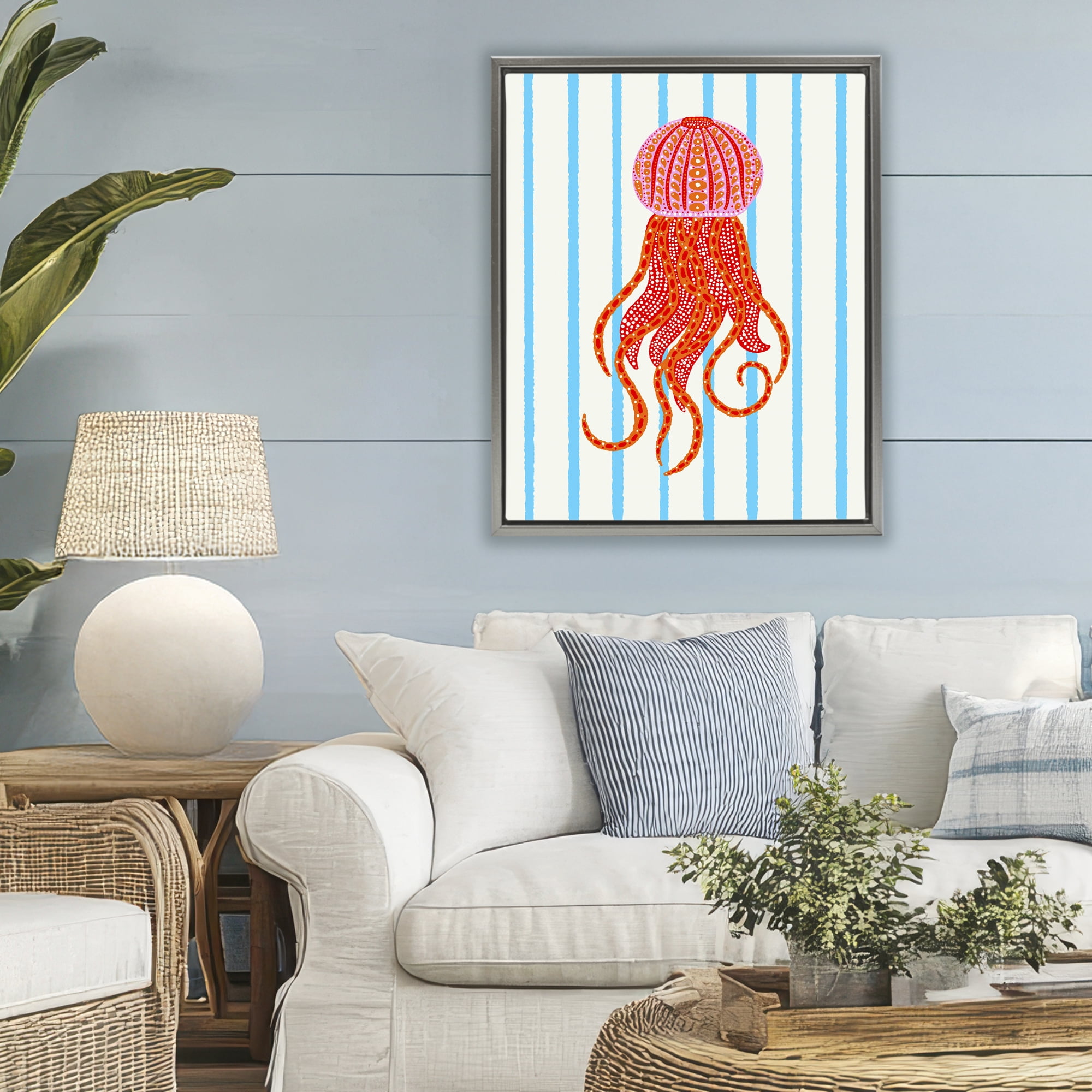 Stupell Industries Bright Aquatic Jellyfish on Stripes Gray Framed Floater Canvas Wall Art, design by Indira Prieto | IndySign