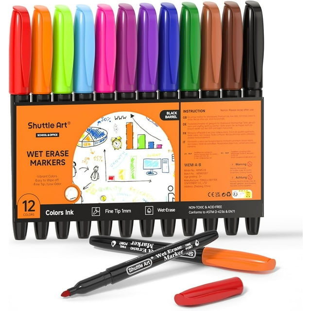Miduoduo Marqueurs Effaçables à l'Eau, 12 Couleurs 1mm Pointe Fine Sans Bavure, à Utiliser sur Calendriers Laminés, Projecteurs hors-Sol, Planches, Tableaux Blancs, Transparences, Verre, Essuie-Tout avec Eau