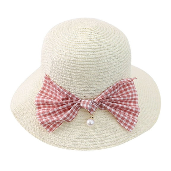 56-58cm hat circumference female bow fisherman basin hat summer sunscreen big brimmed straw hat outdoor sunshade straw hat - Milky white