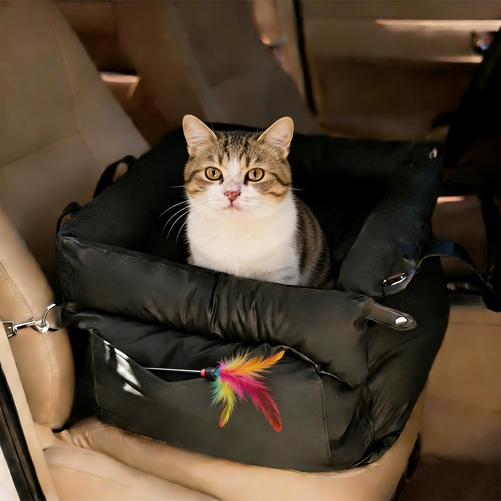 Dog Booster Car Seat, Waterproof PU Leather Upholstered Cat Bed for Car with Storage Pockets, Portable Pet Seat, Bite-Resistant, Perfect for Travel and Home