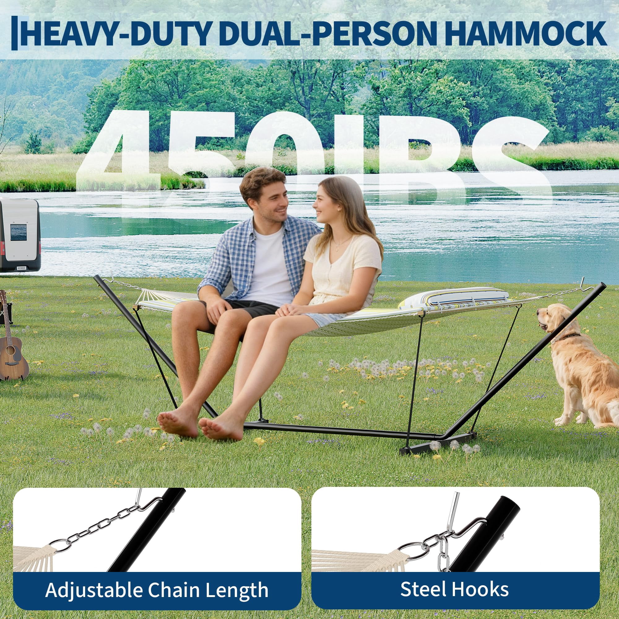 450 Lbs Capacity 2-Person Double Hammock with Stand - Portable Breathable Cotton Rope Hammock with Reversible Quilted Pad & Pillow for Patio, Garden & Camping
