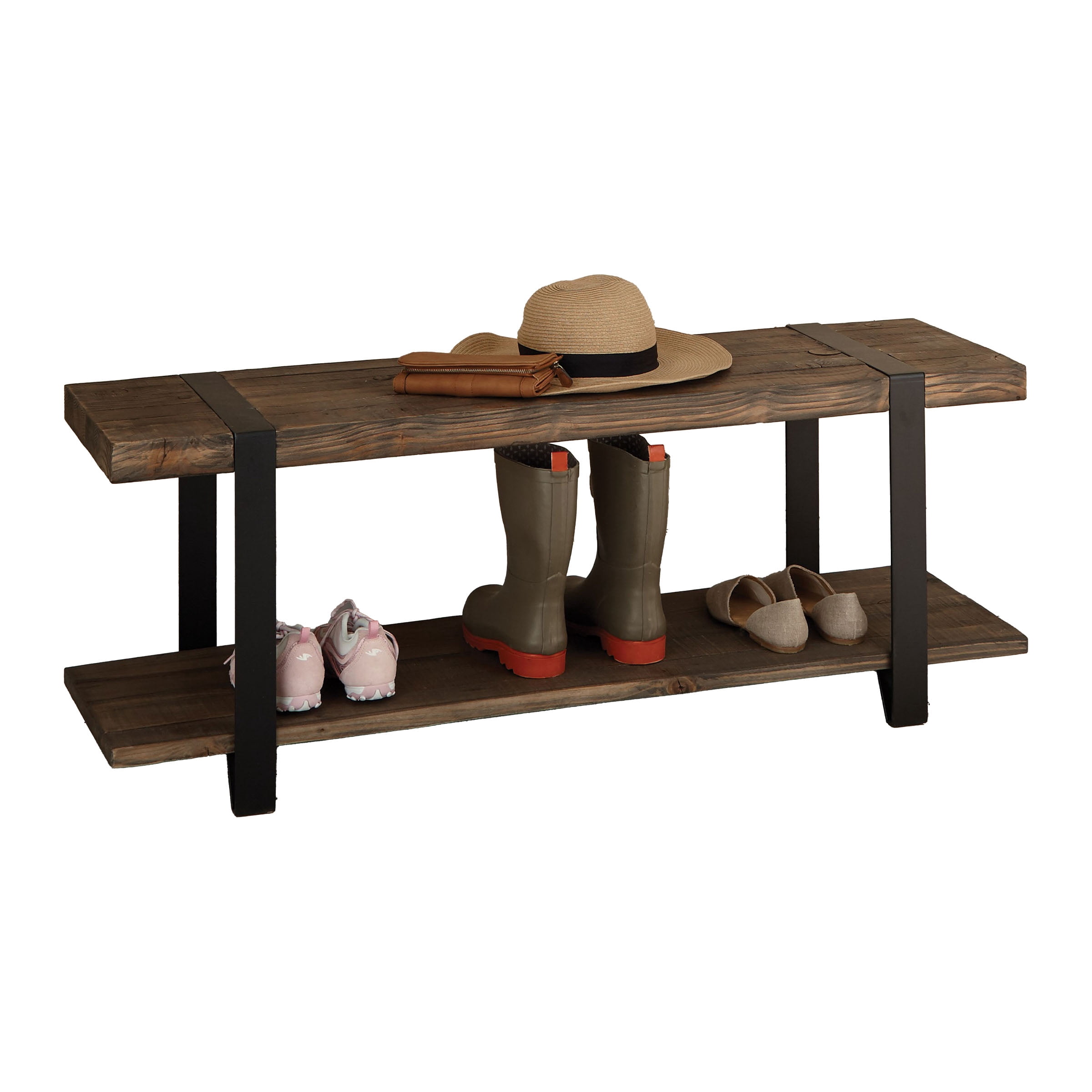 Alaterre Furniture Modesto 48" Solid Wood Entryway Bench with Storage Shelf, Rustic Natural Finish with Black Metal Legs and Strap Accent, Farmhouse Accent Bench for Entryway or Dining
