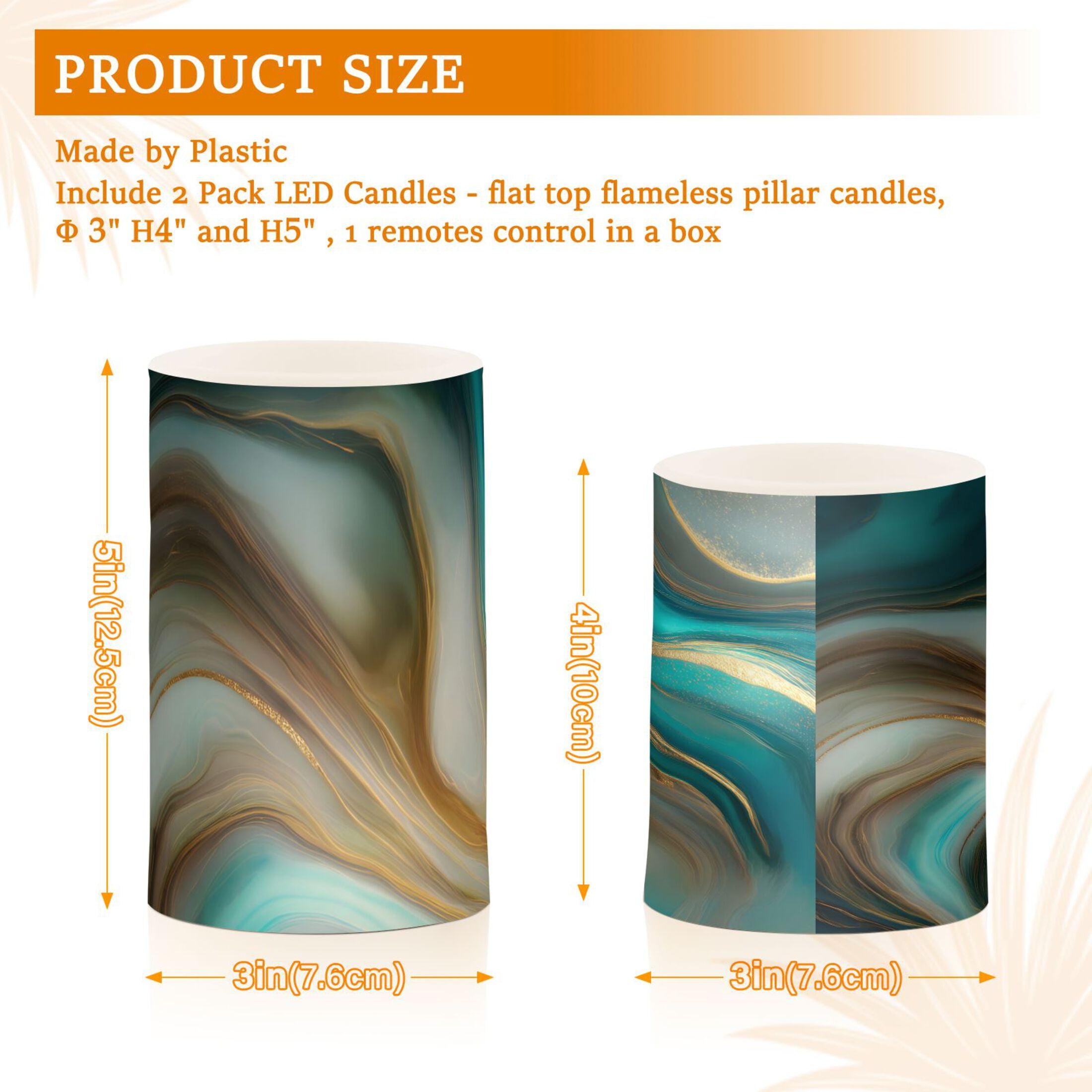 Blue Teal Gold Background Texture Flickering Flameless Candles Battery Operated with Remote Timer LED Pillar Candles Set of 2