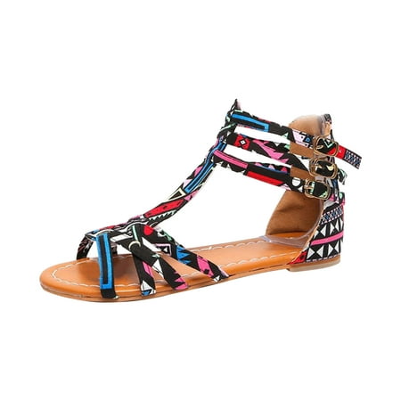 

Jsezml Women s Summer Sandals Western Geometric Print Flat Sandals Buckle Strappy Sandals Zipper Casual Walking Shoes