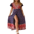 thumbnail image 1 of Femmes V-Cou Floral Split Robe Boho Été Plage Décontracté Longue Robe de Soleil, 1 of 2