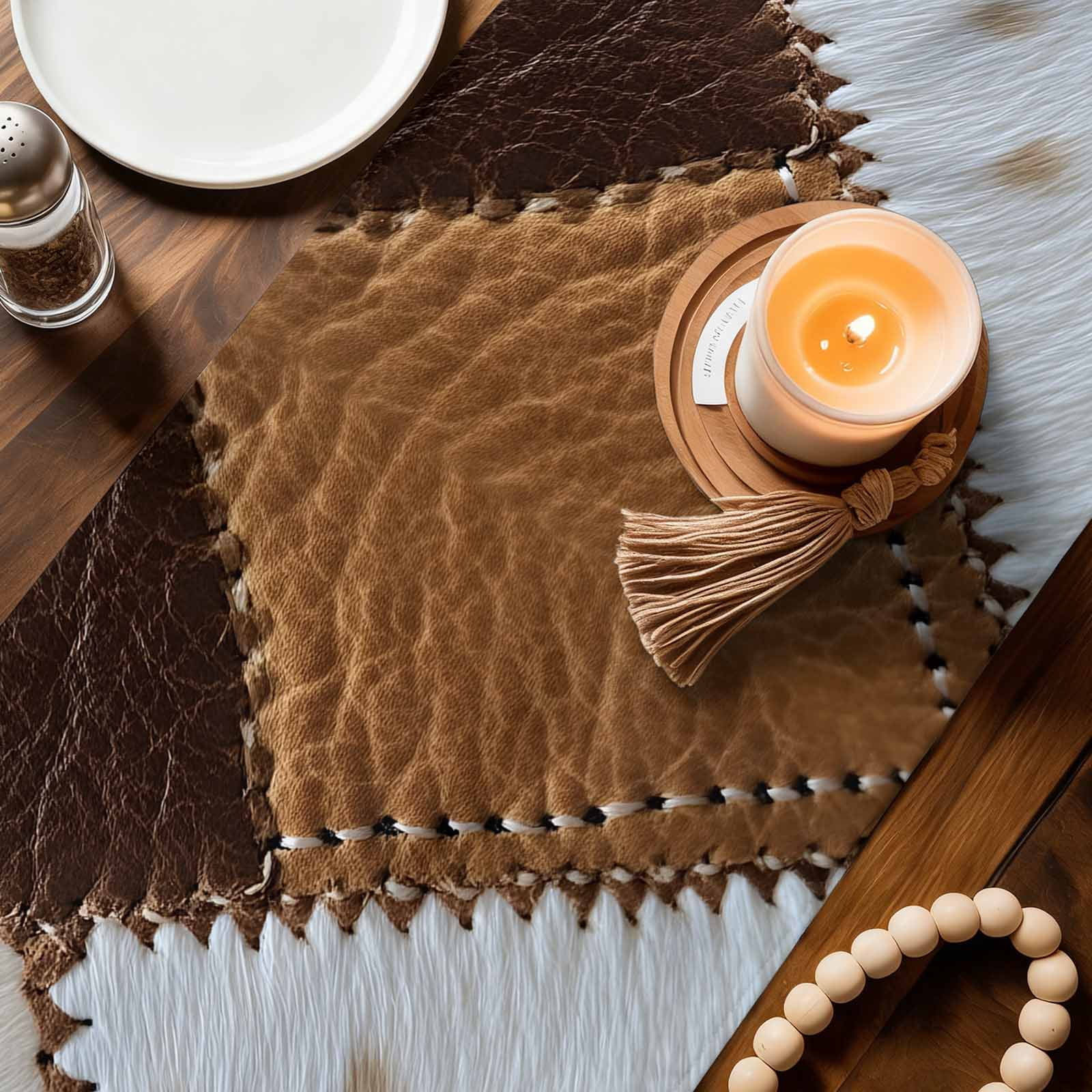 Leather Cowhide Table Runner, Brown White Seam Collage Abstract Art Cotton Linen Kitchen Table Decoration Washable Dining Tabletop Runners for Home Party Decor 18x72 Inches