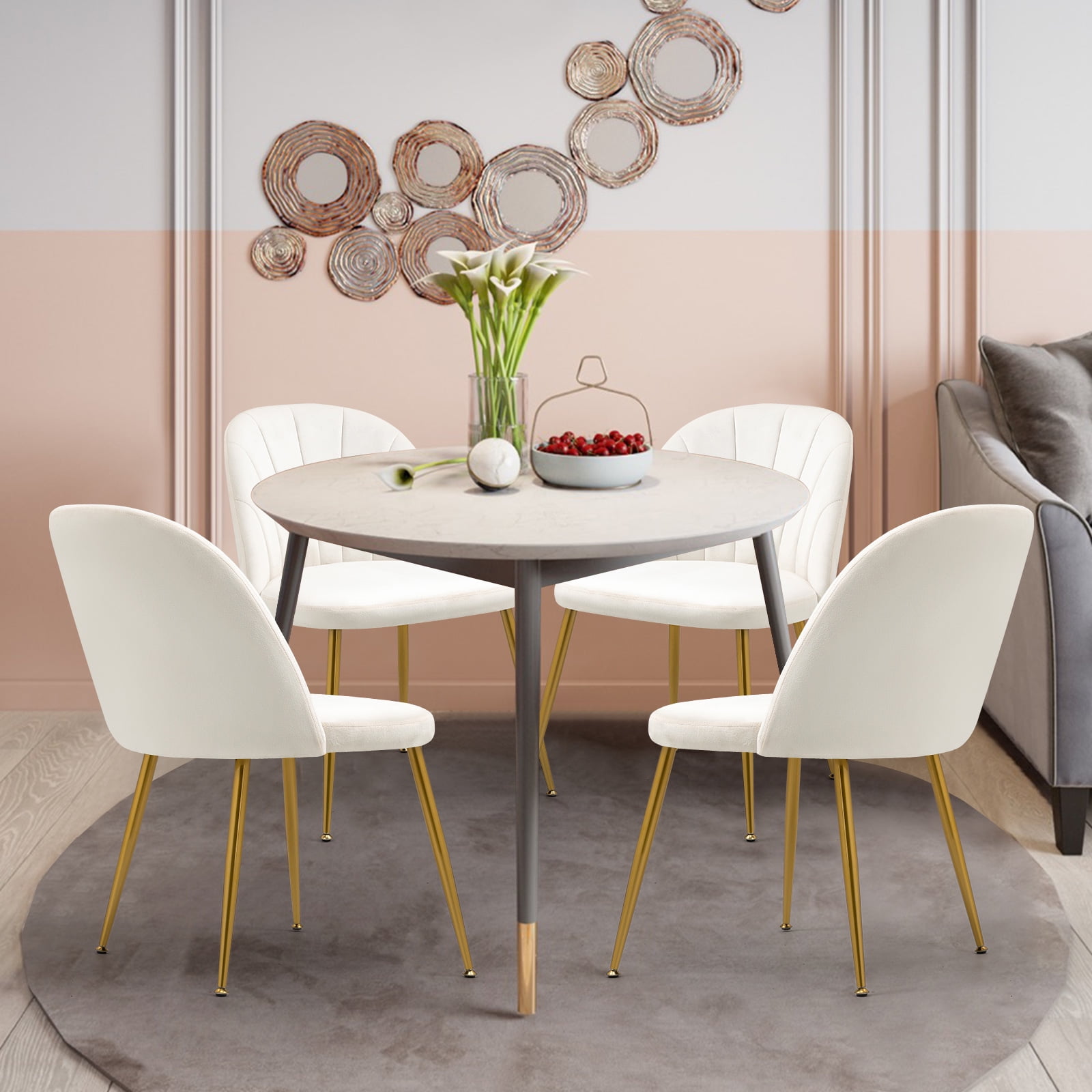 Newnno Velvet Modern Dining Chairs Set of 4, Upholstered Armless Accent Side Chair with Metal Legs for Kitchen Dining Room, Beige