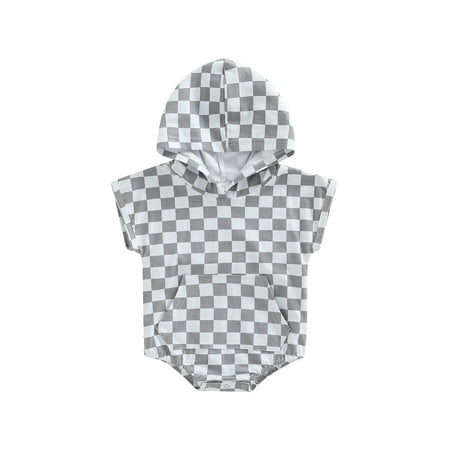 

aturustex Baby Romper Checkerboard Print Short Sleeve Hooded Bottom Snap Closure Cute Breathable Jumpsuit