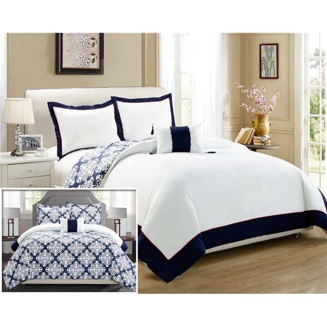 Chic Home DS2067-US 4 Pièces Bleu Marine & Médaillon Réversible Blanc Imprimé Peluche Hôtel Collection Grand Housse de Couette Set&44; Marine