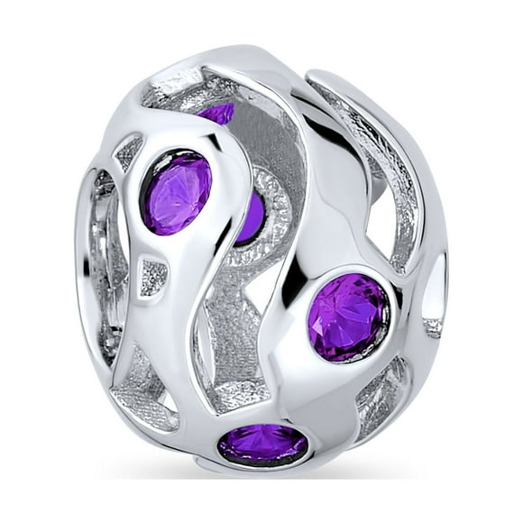 Purple Wave Simulated Amethyst CZ Charm Bead for Women .925 Sterling Silver for European Bracelet February Birth Month