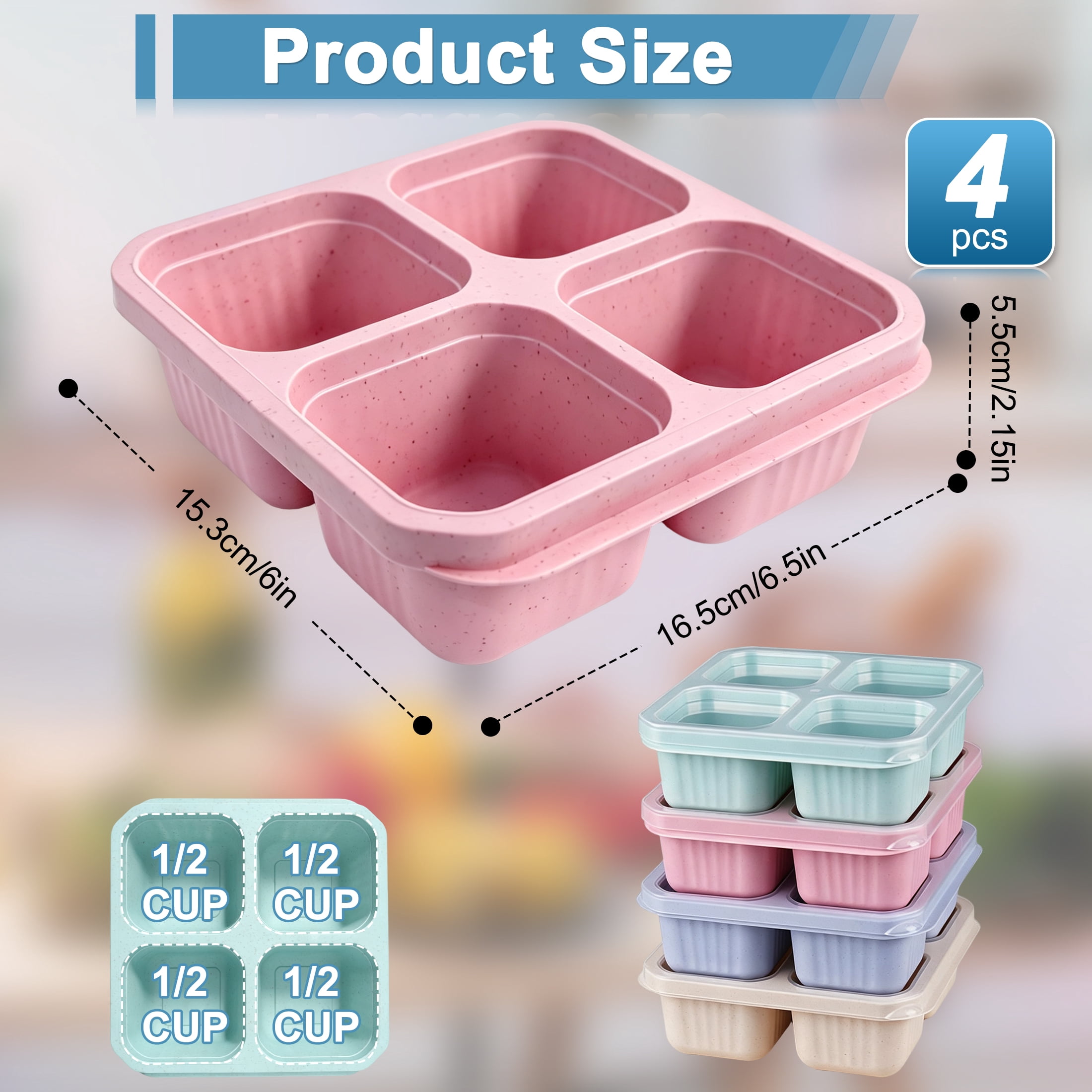 4 Compartment Food Storage Tray with Lids, 4 Pack Reusable Divided Lunch Box, Portable Wheat Straw Bento Box for School Office Picnic