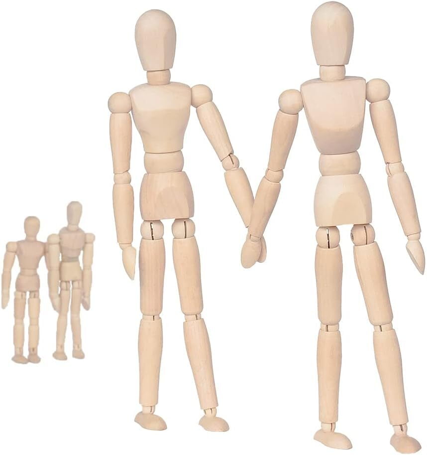 LQQBOX 2 Pack 12 Inches Wooden Mannequin Artist Manikin with Stand - Great for Drawing or Desktop Decor （Men and Women/Dad and Mom ）