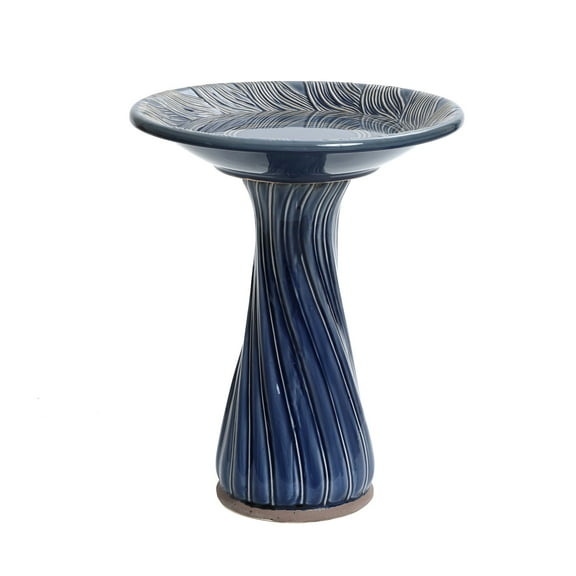 LuxenHome Blue Leaves and Swirl 22-Inch Tall Ceramic Birdbath