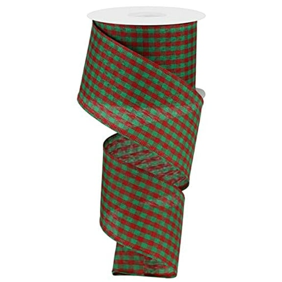 Christmas Gingham Check Stripe Canvas Wired Edge Ribbon, Red Emerald Green 2.5" x 10 Yards