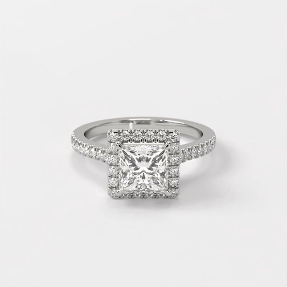 14K White Gold Plated 1.5 CT Moissanite Princess Cut Halo Pave Band Engagement Ring for Women