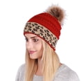 thumbnail image 2 of BJUTIR Fashion Hats For Adult Cable Knit Pom Poms Lined Rolled Hems Leopard Print, 2 of 5