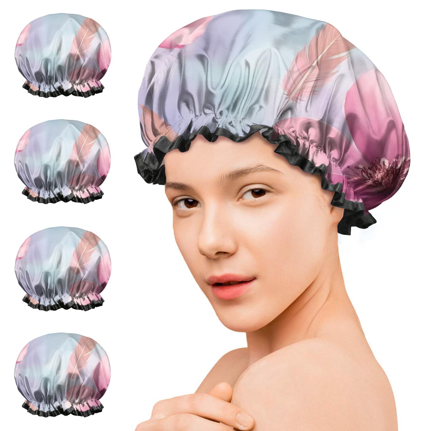 Shower Caps,Gilded Floral Watercolor Pattern Waterproof Shower Cap for Women 4 Pieces,Double Reusable Hair Cover for Shower PEVA Elastic Stretch Hem