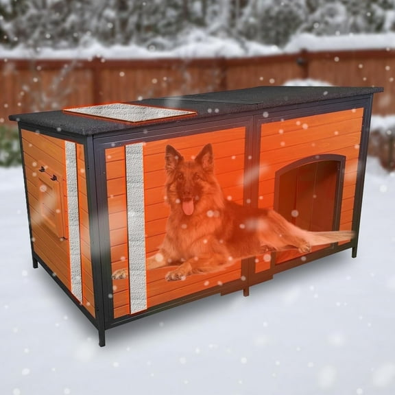 Insulated Extra Large Wooden Dog House Outdoor Iron Frame 59.1" L Winter Pet Kennel Weatherproof