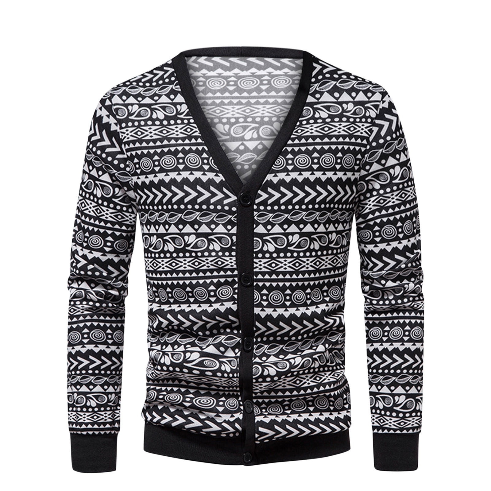 Men's Vneck Ethnic Print Cardigan Knit Sweater Coat Long Sleeve