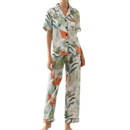 

Homgro Women s 2 Piece Pajama Set Satin Pjs Short Sleeve Summer Pants Silky Comfy V Neck Button Up Lounge Set Leaf Medium
