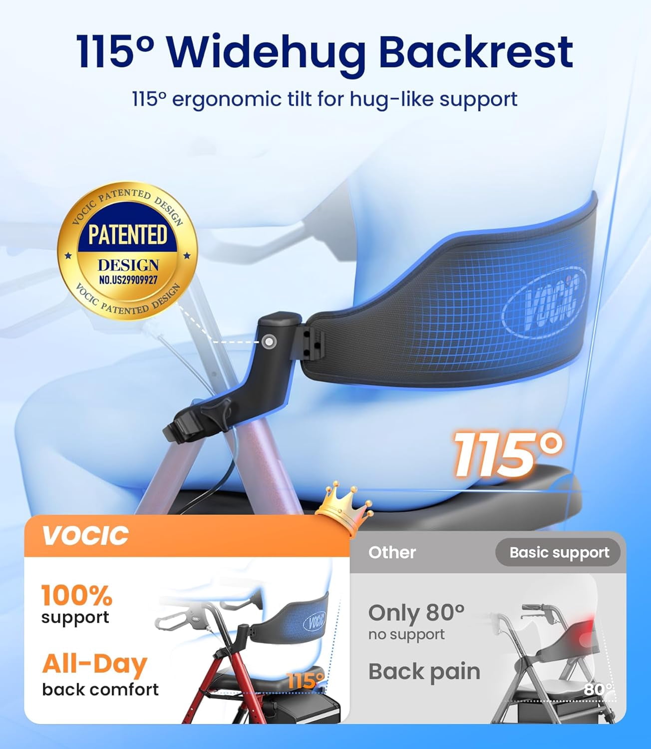 VOCIC Walkers for Seniors, Heavy Duty Rollator Walker with Seat, 350lb Capacity, Red