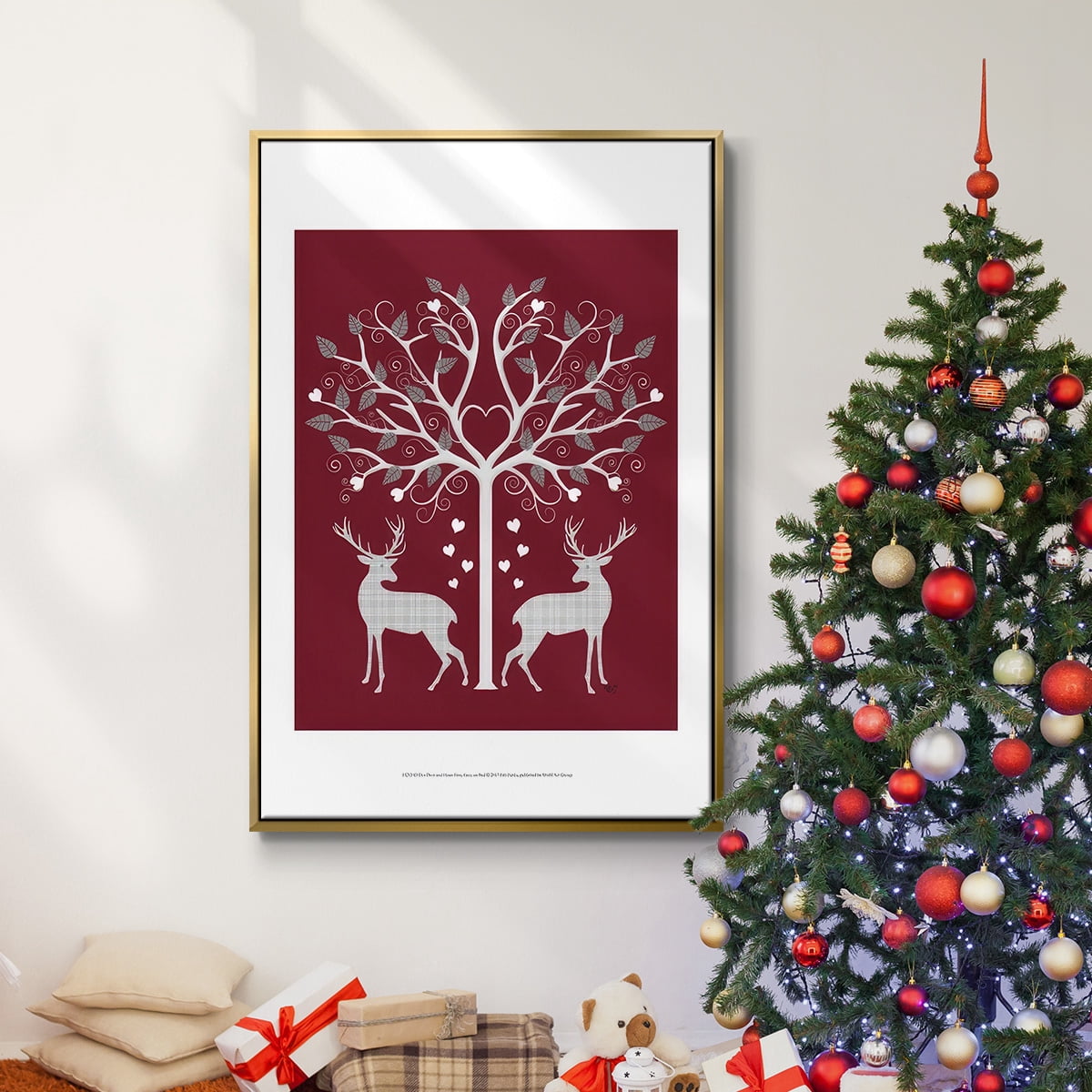 Christmas Des - Deer and Heart Tree, Grey on Red - Framed Gallery Wrapped Holiday Canvas - 17 x 25 - Gold Frame