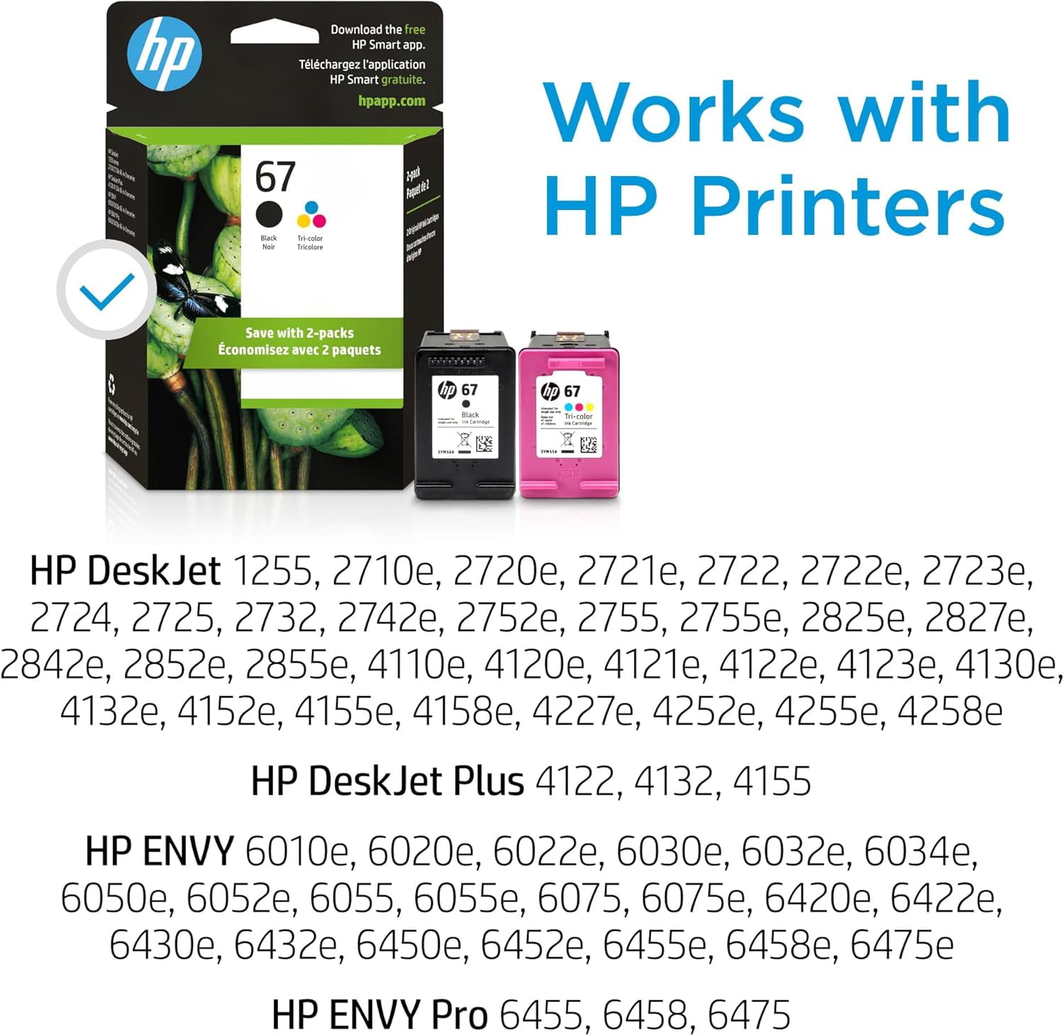 HP 67 Black/Tri-color Ink Cartridges for HP Printers | Works with Printer Series: DeskJet 1255, 2700, 4100; ENVY 6000, 6400 | Eligible for Instant Ink | 3YP29AN