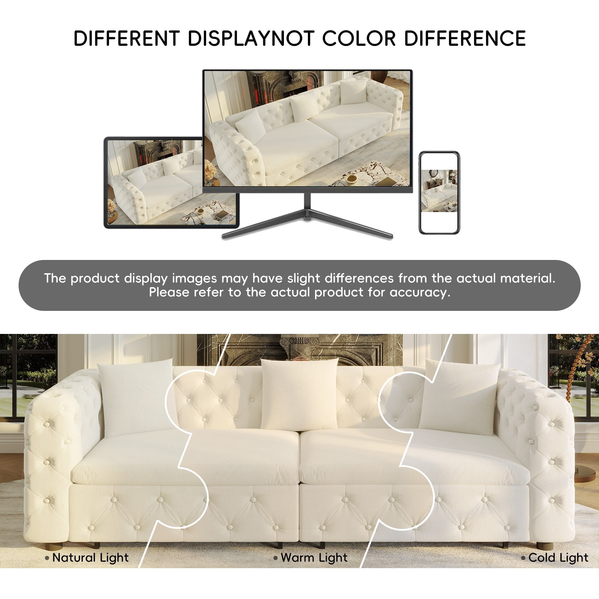 DEALTOPS 89 Inch Chesterfield Tufted Velvet 3 in 1 Pull Out Sofa Bed, 4 Seater Tuxedo Living Room Couch, Beige