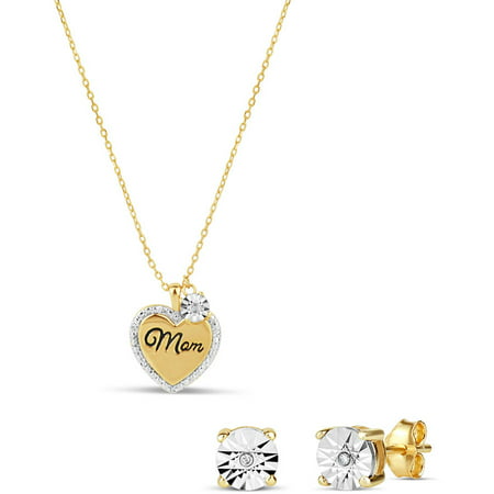 18kt Gold over Sterling Silver Mom Heart Pendant Necklace and Stud Earring Set, 2-Piece