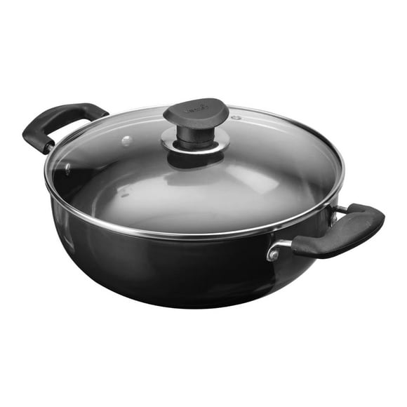 Vinod Black Pearl Hard Anodized Deep Kadhai with Glass Lid – Black - 3.1 Liters (3.2 Quarts) – 24cm – Riveted Handles - Multi-Use Pot/ Wok - Suitable For Indian Cooking, Sauces.