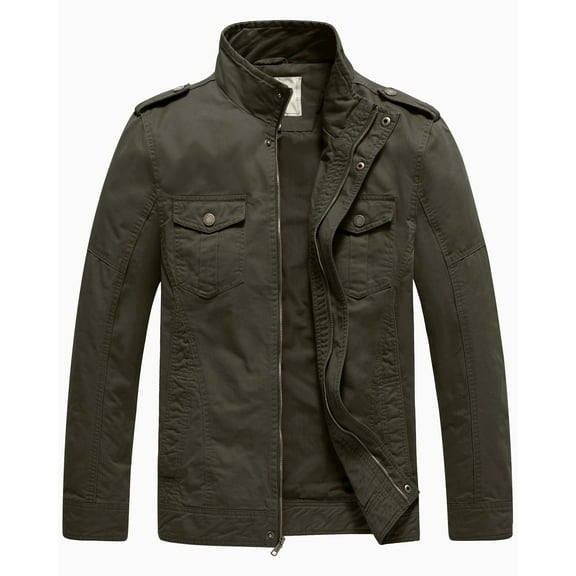 WenVen Men's Spring Lightweight Cotton Jacket Long Sleeve Utility Work Jacket Green L