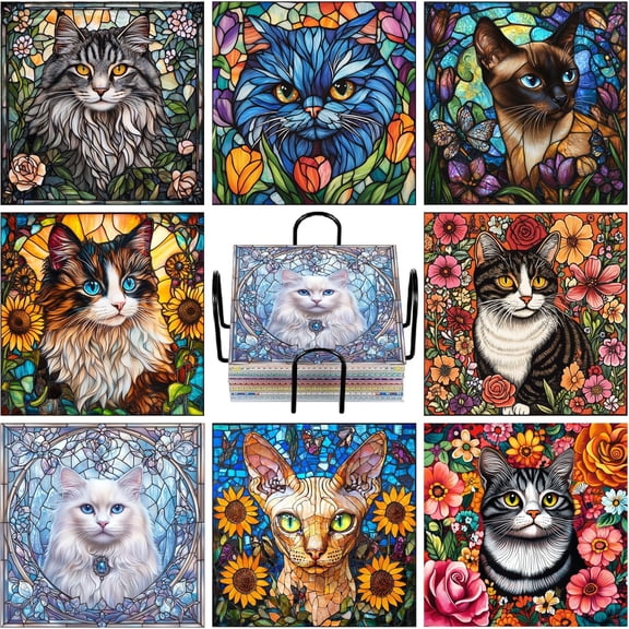 8PCs Diamond Paintings Coasters Kits Set, Funny Cat Diamond Art Coasters with Holder, DIY Crafts Diamond Art Kits Adult Craft Diamond Dots Gift