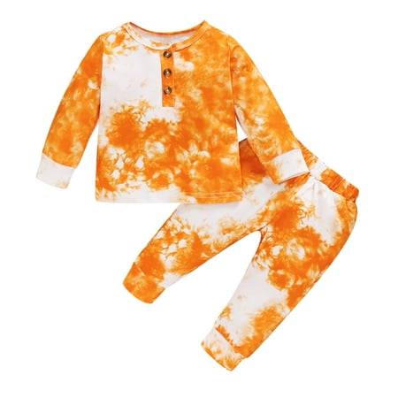 

Dadaria Cute Baby Boys Girls Clothes Newborn 3M-18M Toddler Long Sleeve Rainbow Tie ADyed Print Tops+Pants Outfits Orange 70 Toddler