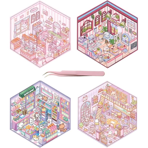 Xihbxyly Pegatinas Diy con Escenas, Temática Coreana, Supermercado, Cafetería, Restaurante, Casa Soleada, Biblioteca, Antiestrés, Decoración Del Hogar, Accesorios de Oficina, Juego de 4, Reutilizable