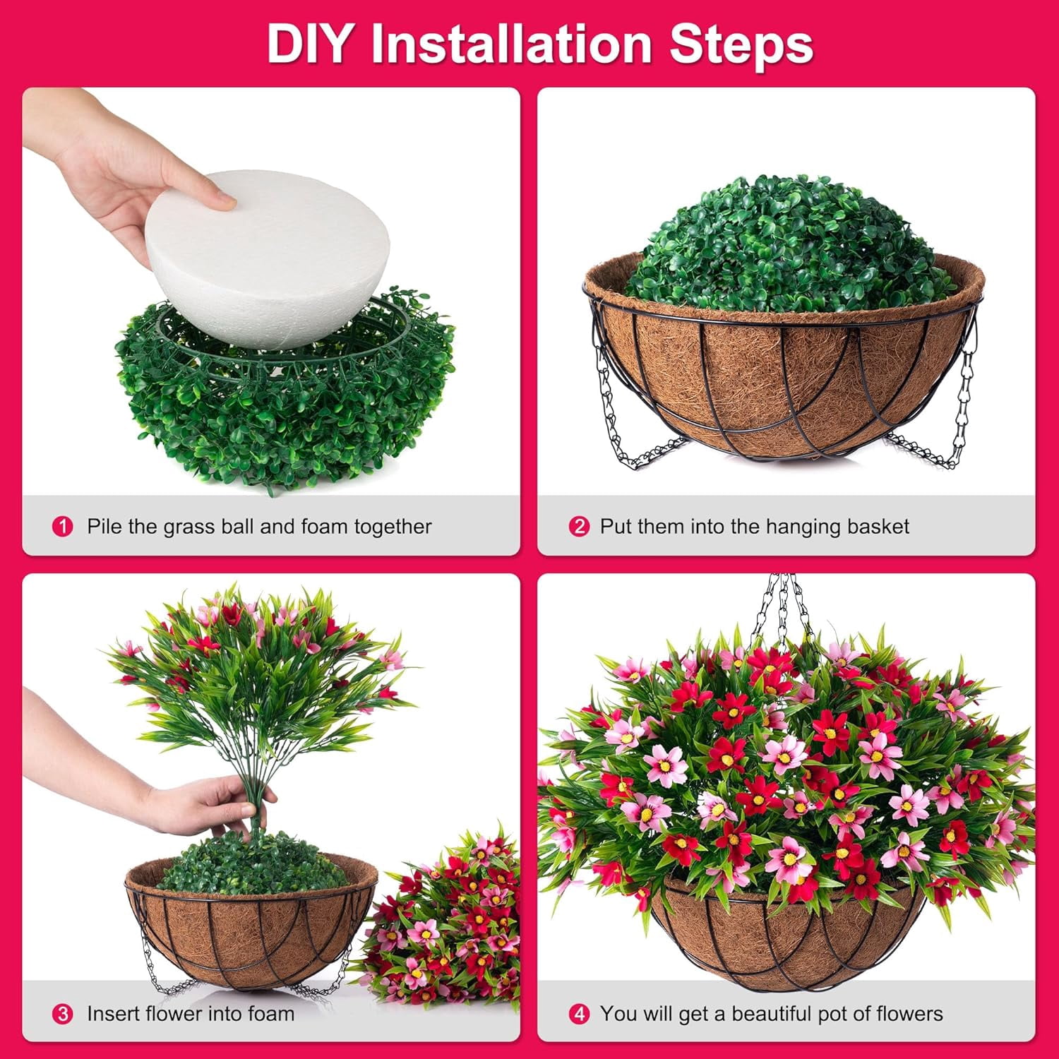 Artificial Hanging Flowers with 12" Basket for Outdoor Decor, Faux Silk Daisy Flower UV Resistant Plants Arrangements Decoration for Indoor Porch Garden Yard(Rose Red)