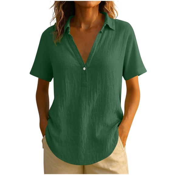Enjoytime Womens Blouses Solid Color Lapel Button V-Neck Casual Tops Spring Summer Fashion Beach Vacation Short Sleeve Shirts Army Green XXL