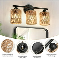 Matte Black 3-Light Bathroom Vanity Light, Boho Rattan Wall Sconce with Woven Lampshade, Value Offer for Over-Mirror or Living Room Use, Farmhouse Style Indoor Lighting