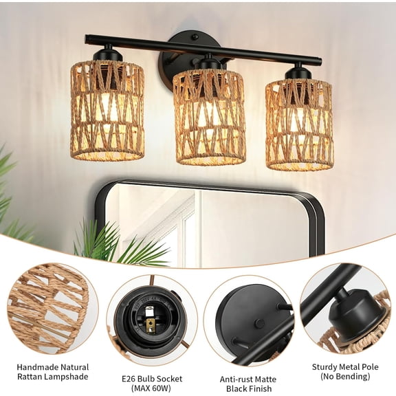 Matte Black 3-Light Bathroom Vanity Light, Boho Rattan Wall Sconce with Woven Lampshade, Value Offer for Over-Mirror or Living Room Use, Farmhouse Style Indoor Lighting