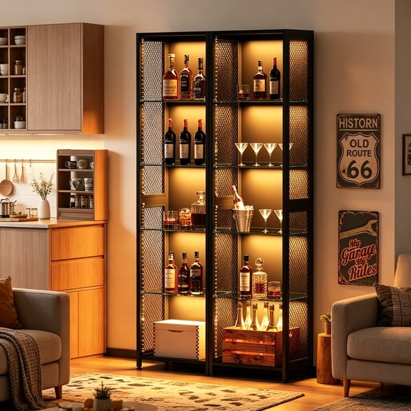 72" Tall Book Shelf with Light, 5-Tier Industrial Bookcase with Open Glass Shelves, Corner Shelf for Storage Organizer, Bookshelf for Bedroom, Living Room, Display Cabinet