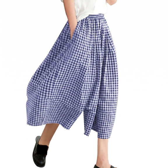 ZToonmas Women's Checkered High Waist Wide Leg Culottes Loose Casual Plaid Cropped Skirt Pants with Pockets
