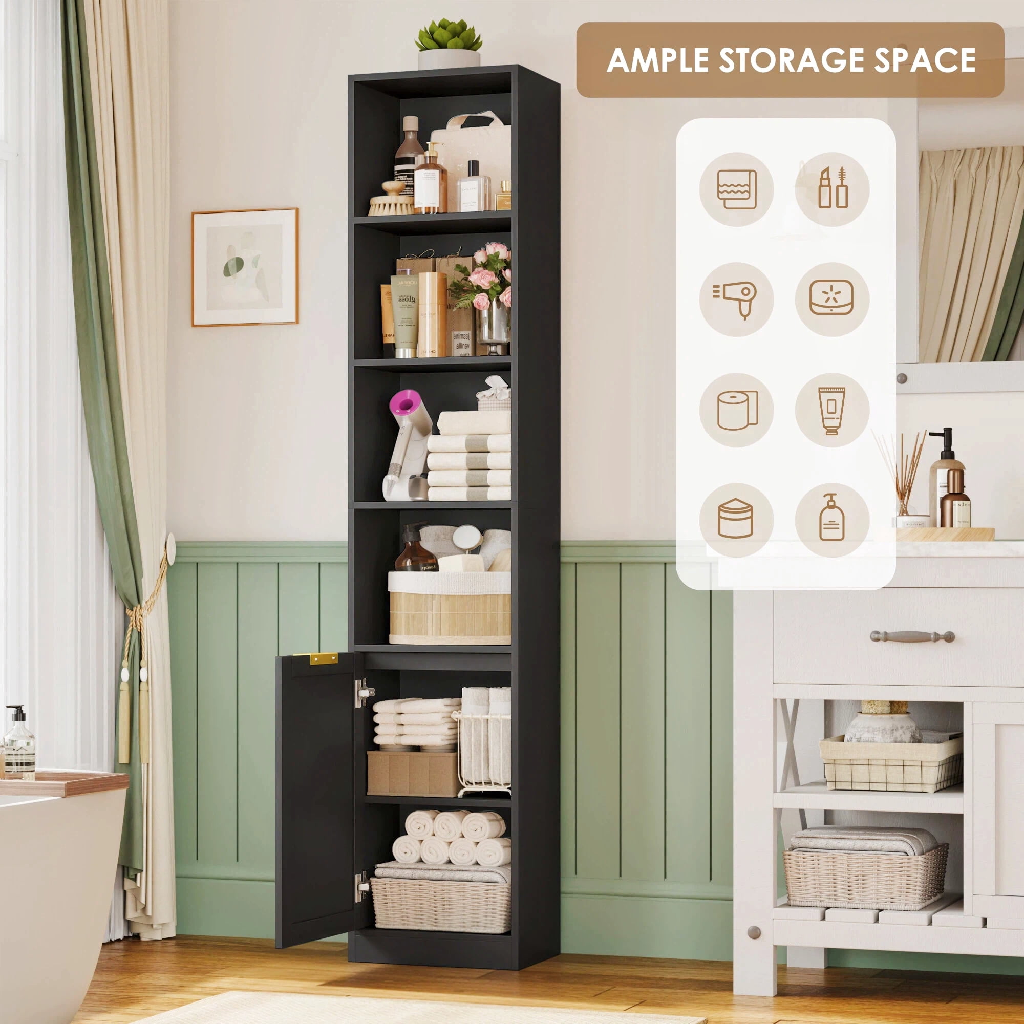 Hiphuta 73.5" Tall Bathroom Storage Cabinets with Adjustable Shelves, 6-Tier Narrow Cabinet, Bathroom Storage Tower for Small Spaces, Black