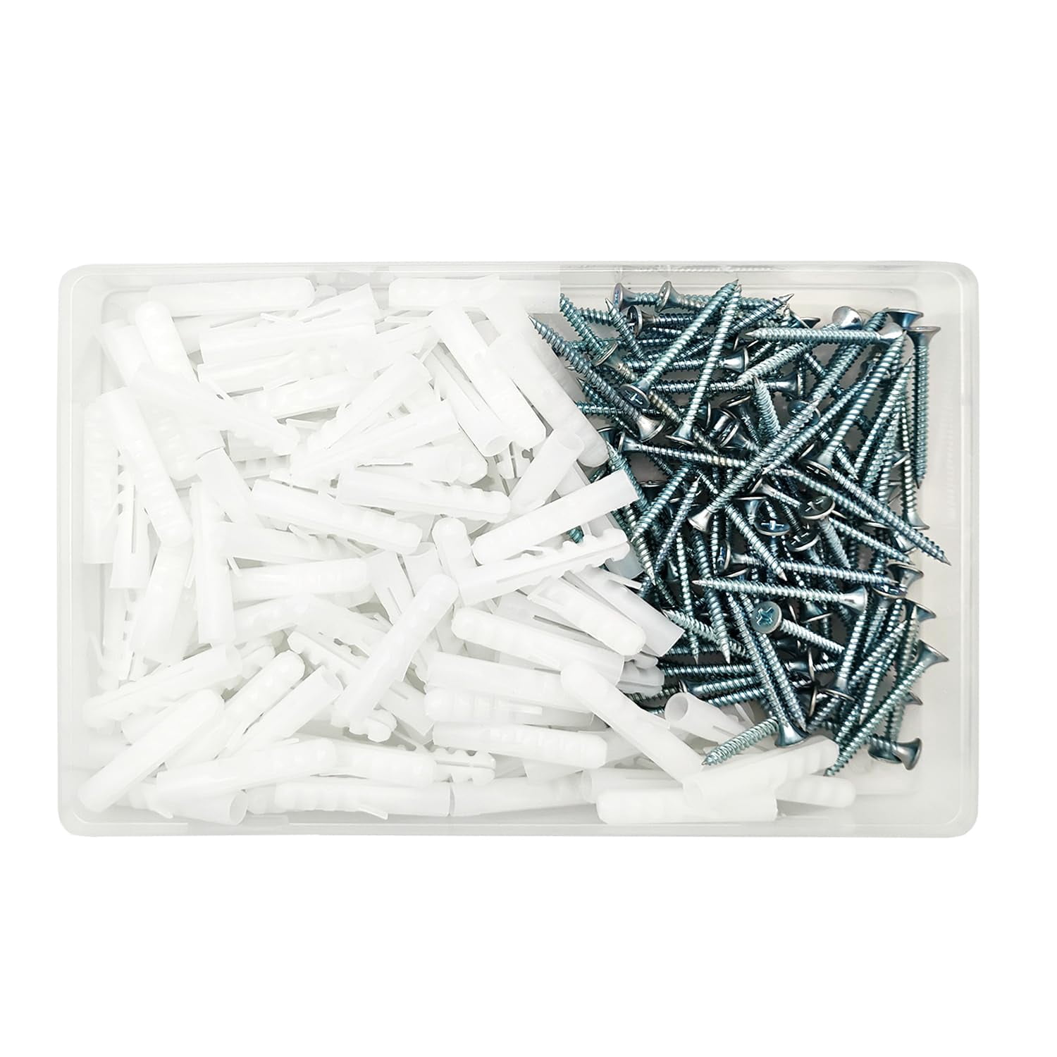 200Pcs Drywall Anchors and Screws Kit, 100Pcs Ribbed Plastic Wall Anchors with 100Pcs 1-1/5" Screws & Drill Bit, Heavy Duty Anchors for Hanging Pictures, Shelves, Home Mounting