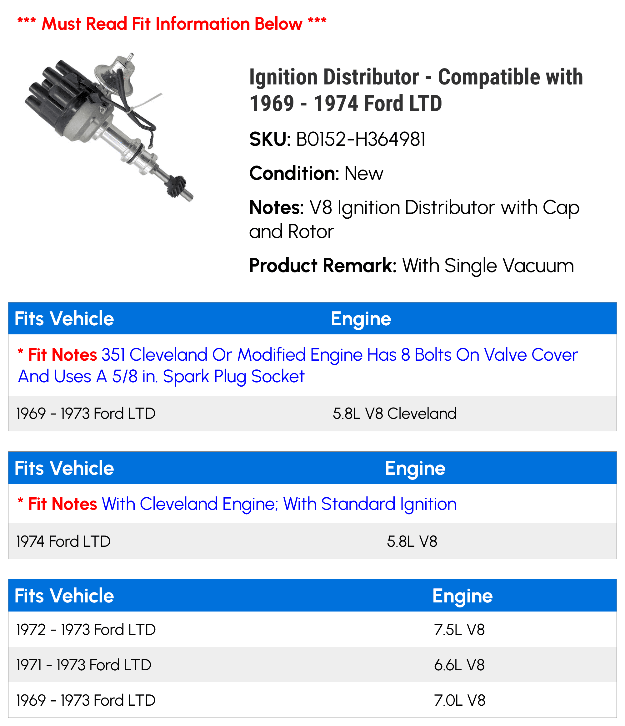 Ignition Distributor - Compatible with 1969 - 1974 Ford LTD 1970 1971 1972 1973