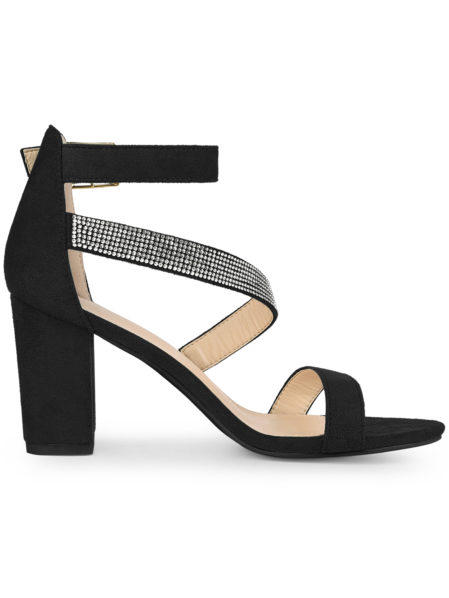 DARING DIVA Women's Rhinestone Block Heels Sandals for Casual and Party Black 7