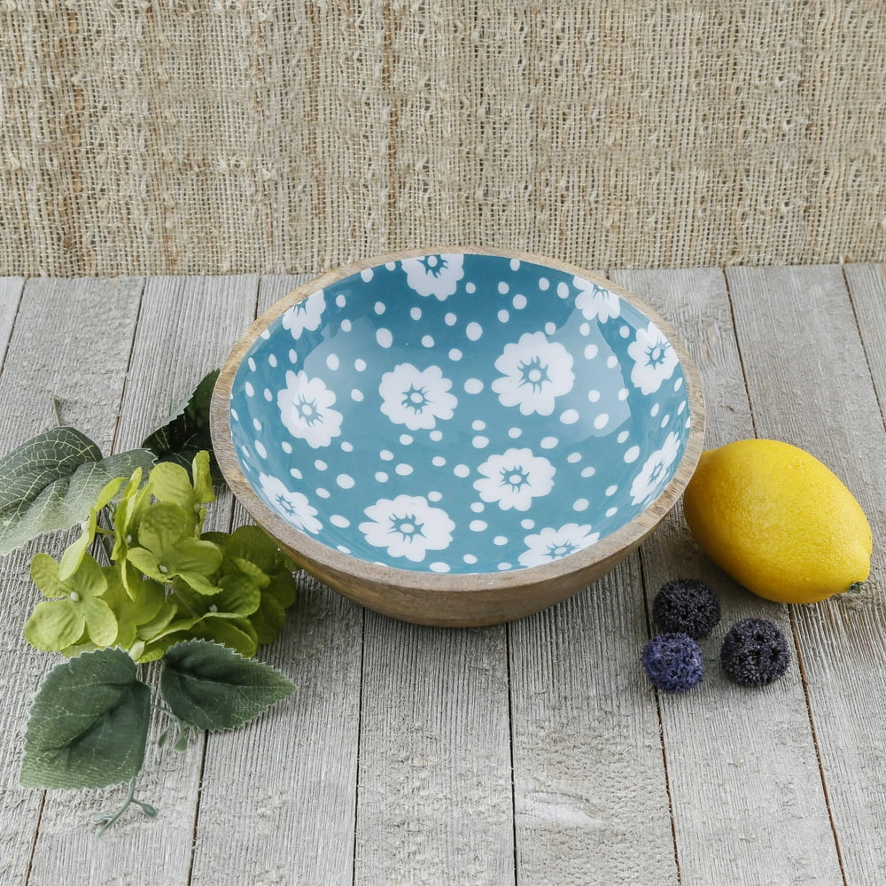 7” Teal Polka Dots Wood/Enamel Salad Bowl, set of 2