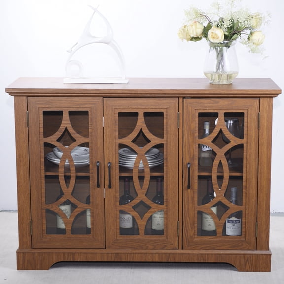 CQSXDA 48.66 Inch Modern Sideboard Featuring Adjustable Shelf & 3 Tempered Glass Doors - MDF Buffet Cabinet For Home, Dark Oak