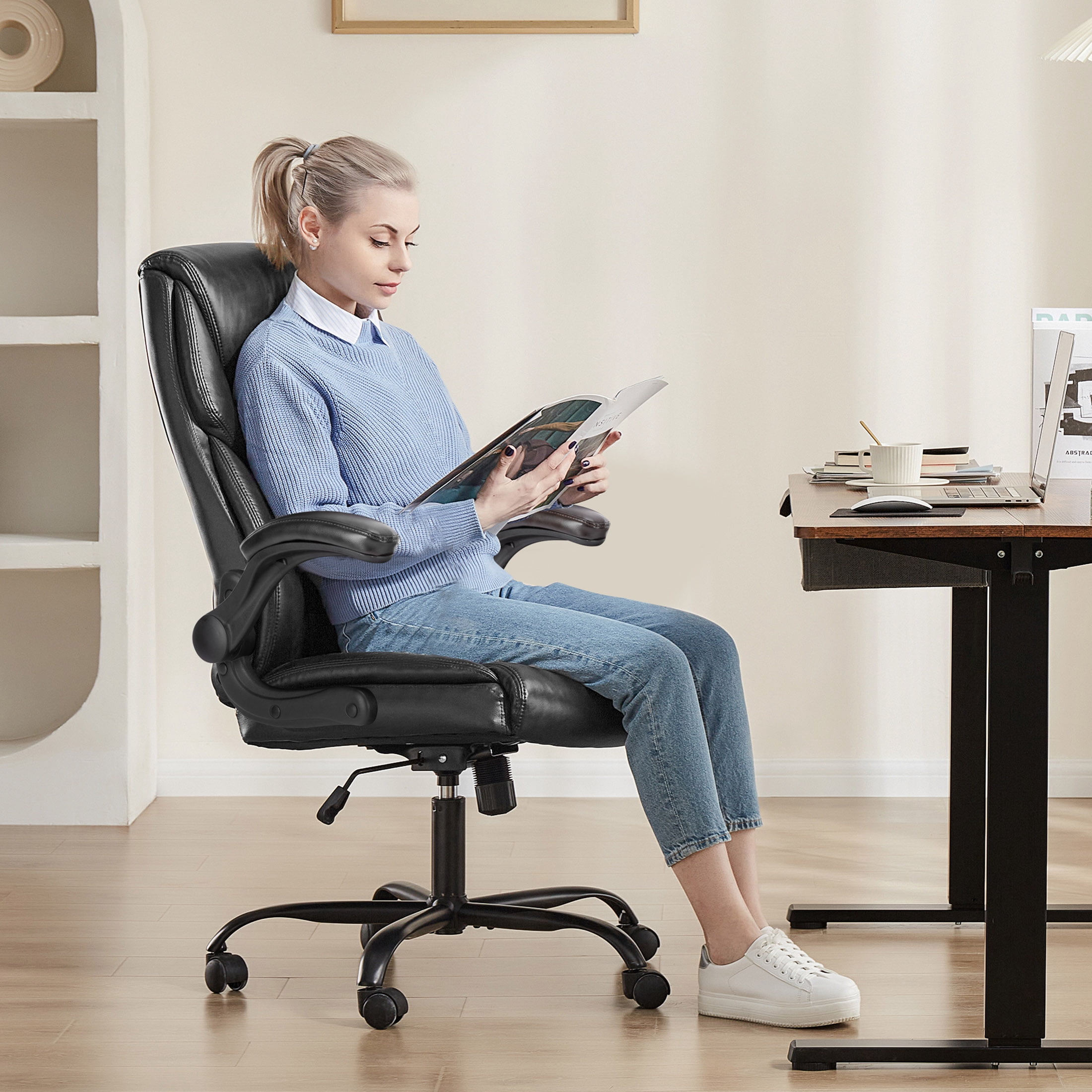 CONCETTA High Back Office Chair,PU Leather Desk Chair with Lumbar Support, Wheels, and Flip-up Armrest, Black