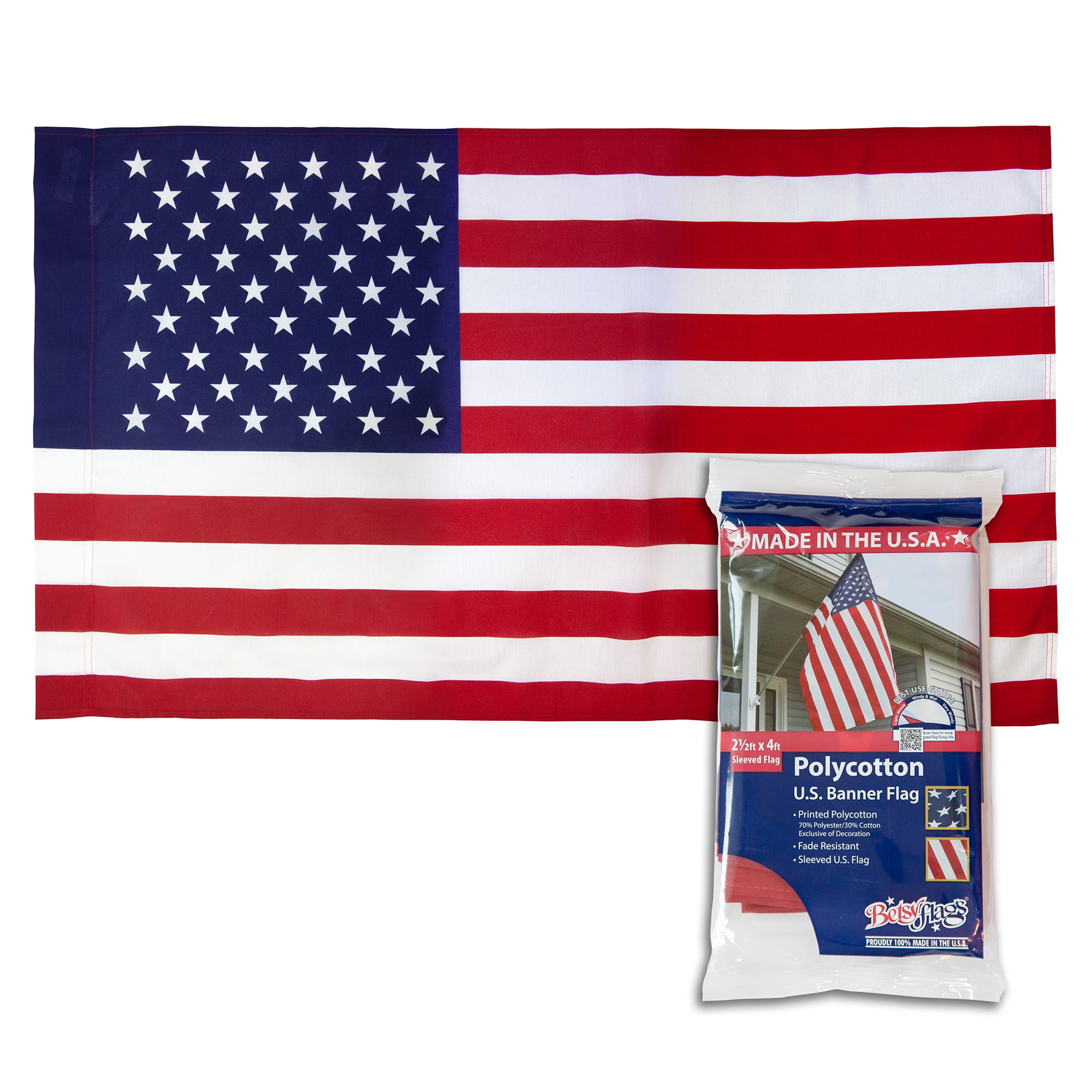 Printed Polycotton American Flag, Sleeved Banner Betsy Flags, 2.5' x 4'